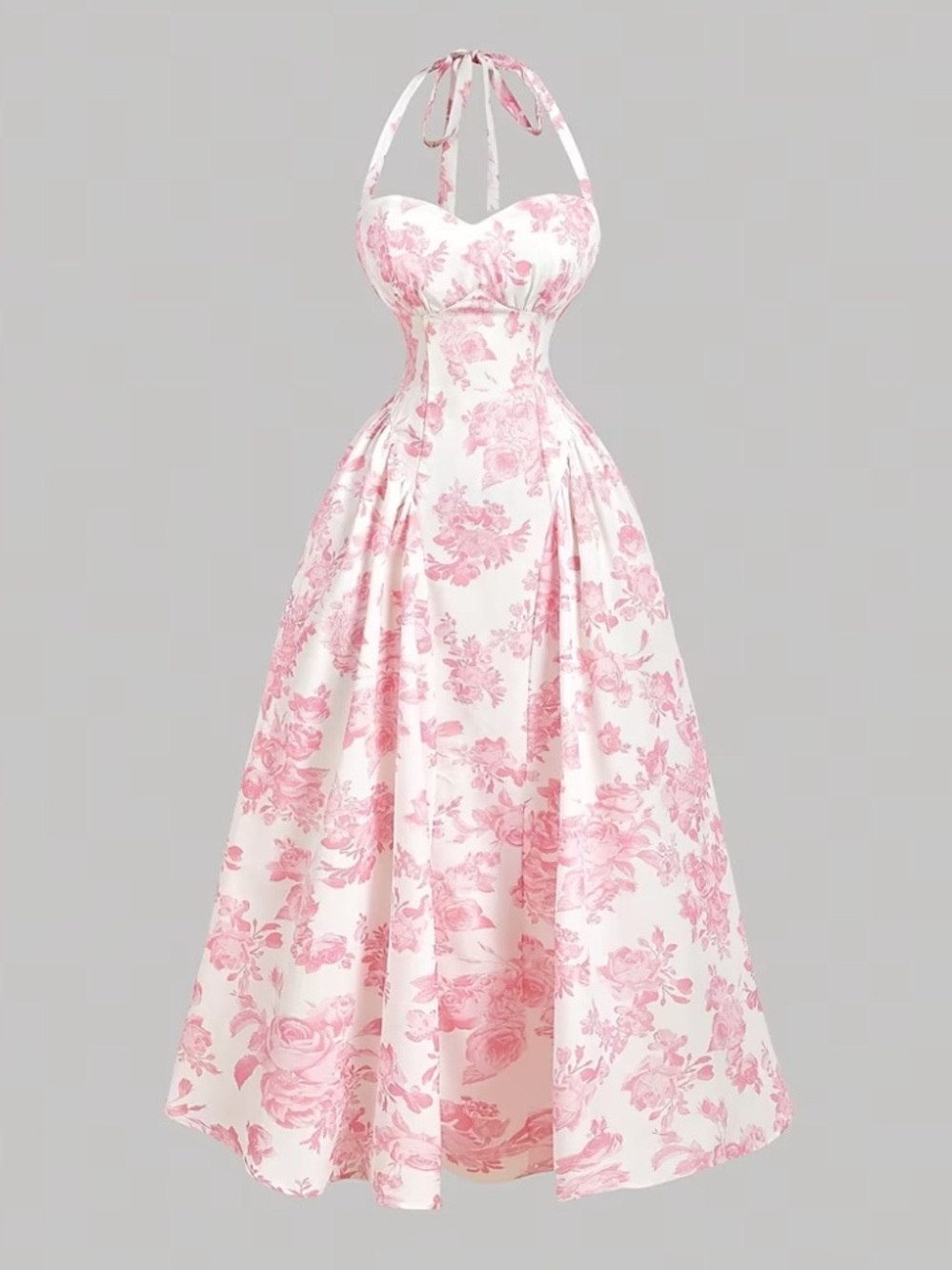 Pink Floral Halter Maxi Dress with Sweetheart Bodice